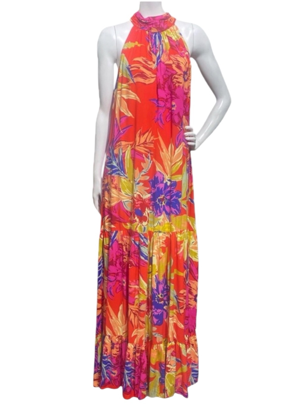 MSK Floral Printed Tiered Halter Neck Maxi Dress Orange Pink Sleeveless Sz Large - Picture 3 of 15